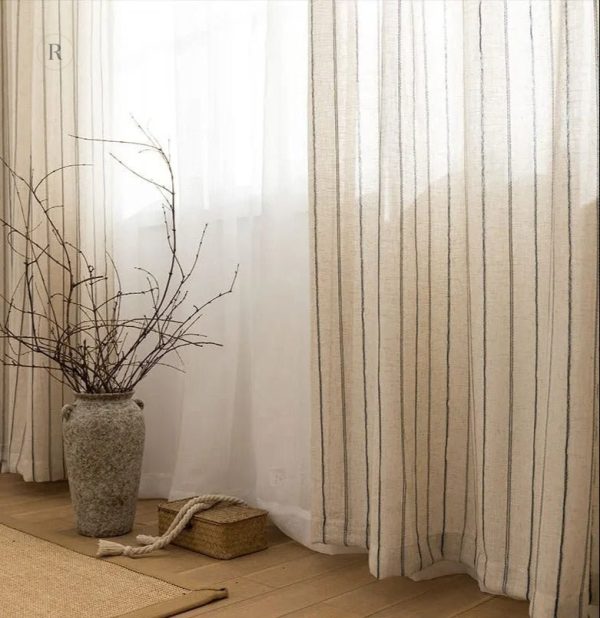 Rideau en lin bleu, design rayé moderne