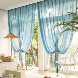 Rideau léger en lin, teinte bleu clair, décor moderne